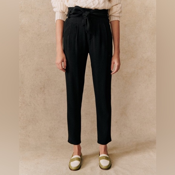Sezane Austin Trousers Pants Black Paperbag High Waist NWT